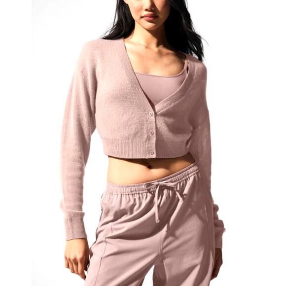 268 Alo Yoga Women's Taupe Sheer Cashmere Cropped Cardigan Size M